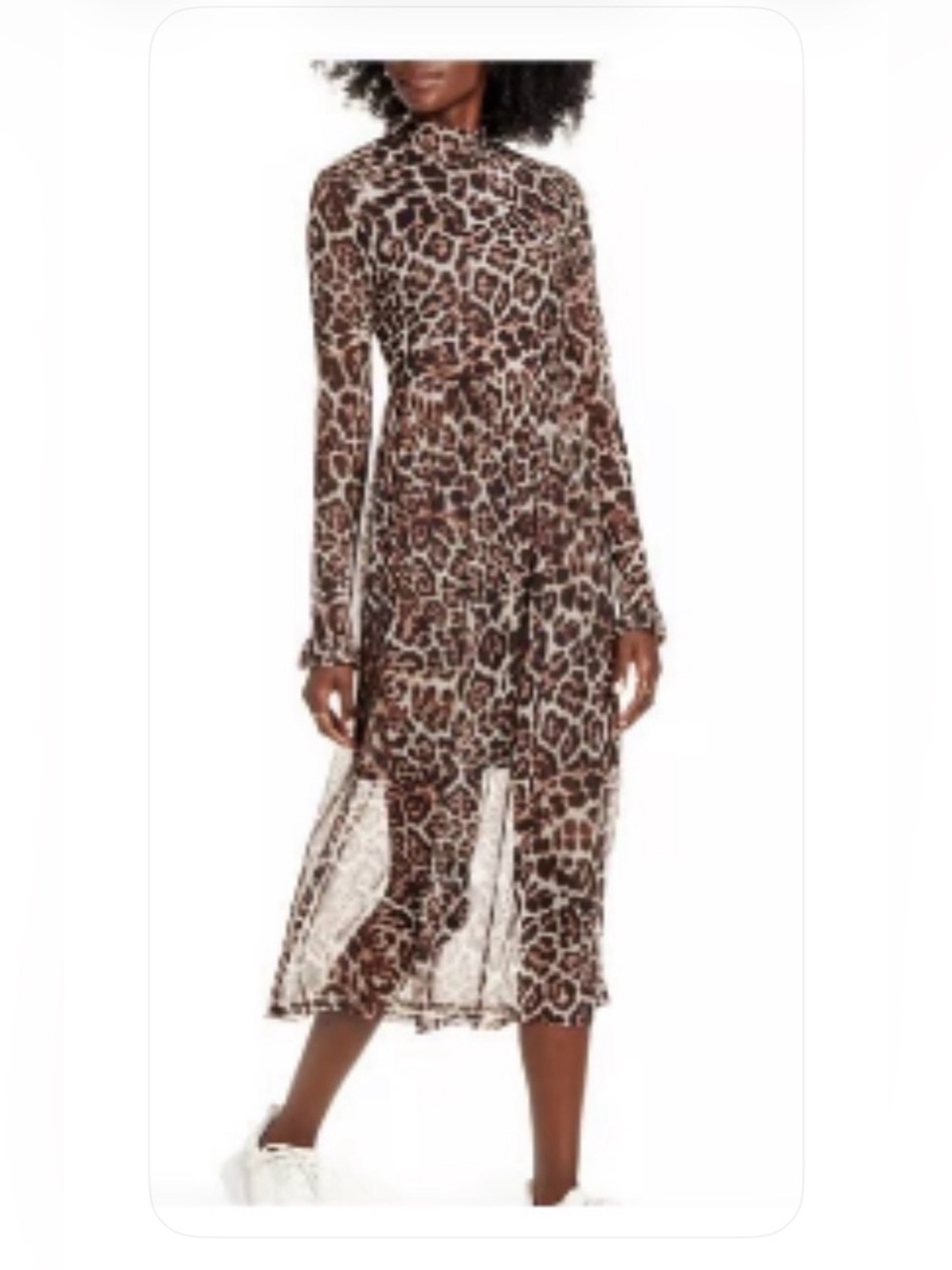One Clothing Leopard Print Long Sleeve Mesh Midi Dress (Size Small)